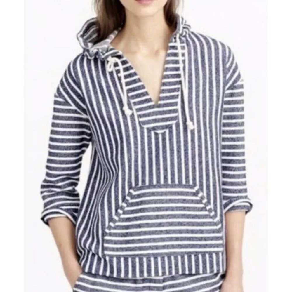 J Crew Baja Striped 3/4 Sleeve Hoodie Blue White Small